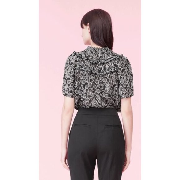 Rebecca Taylor Celia Lace Clip Silk Blend Top In Black Combo Size 10 MSRP $350 - Picture 2 of 8
